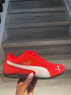 Puma Red Suede Sneaker with White Formstrip and Gold Logo